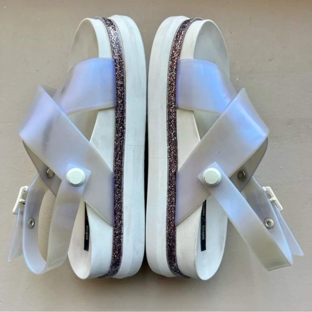Melissa Awaytomars White Cosmic Sandals II Glitter Platform Soles Women’s Size 6